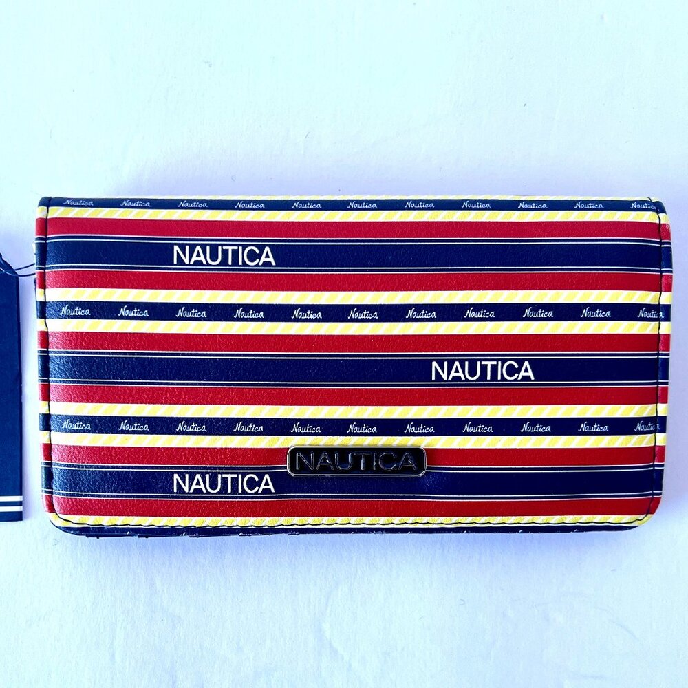 Nautica Slim Clutch Wallet, Seas the Day, Red, Blue & Yellow Stripes RFID, NWTS